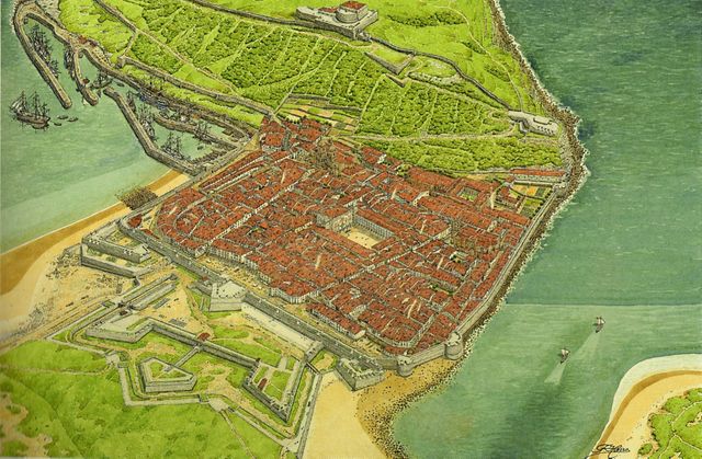 Dibujo realizado por Hierro, en el que se muestra la ciudad tal y como estaría el año 1813.
