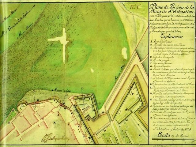 Plano del Semi Baluarte de Santiago y de la cortina con los cubos de Hornos y Amézqueta.
Isidro Próspero de Verbom, 1725. 
(Serv. Geogr. del Ejército)
