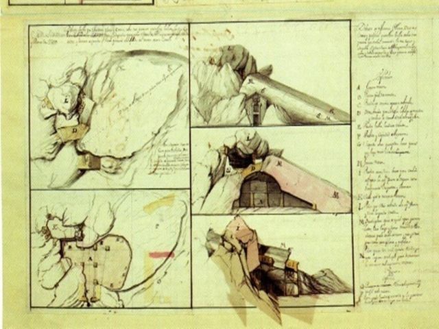 Planos, vistas y perfiles (Destalle)de las grutas situadas en el Castillo de la Mota de San Sebastián que han de servir para almacenes de pólvora y víveres. Juan de Subreville. 1727.
(Serv. Geogr. del Ejército).
