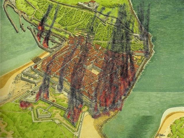 Sobre la acuarela de Hierro, me he permitido efectuar unas modificaciones 
de lo que sería nuestro San Sebastián en ese momento.
