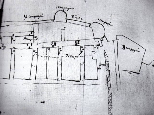 Plano realizado por el mismisimo General Rey de la zona de brechas, en el que sitúa las barricadas y las tropas que tienen que defenderlas.