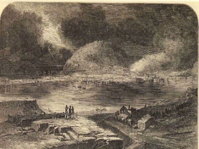 El Ataque a San Sebastián.
Escena que formaba parte de un diorama exhibido en la Royal Gallery of Illustration de Londres en 1852. Se puede ver la columna de humo saliendo desde la ciudad y la tormenta que se cierne sobre la misma.
Colecc. J.M. Unsain.
