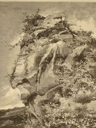 Estado actual de la lápida (pág. siguiente), y su situación antes del derrumbe de la peña, en un apunte realizado por Gomar.