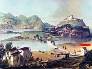 San Sebastián en la época de la I Guerra Carlista.
A la derecha, en la parte inferior, señalado en rojo, se puede ver el comienzo del arenal donde cayó mortalmente herido Fletcher.
