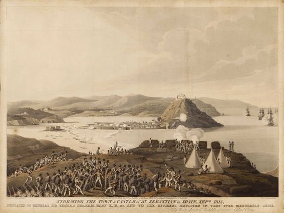 Ataque a la ciudad y castillo de San Sebastián en septiembre de 1813. Litografía de J. H. Clark y M. Dubuourg. Editada el 1 de Noviembre de 1813 en Londres. Colecc. Museo de San Telmo.