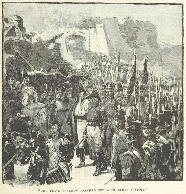 Rendición de la guarnición francesa que defendió San Sebastián. 
Archibald Forbes, Arthur Griffiths y otros. - Página 623 del libro de 1895 Illustrated Battles of the Nineteenth Century, volume 2