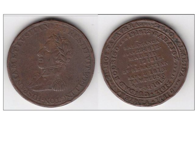 Moneda conmemorativa de Wellington, con las acciones más importantes de la guerra peninsular. San Sebastián entre ellas.