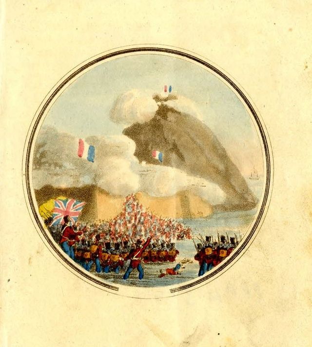 salto a San Sebastián. Litografía que forma parte de la
serie de 13 imágenes anónimas de formato circular incluidas en
la medalla-caja que editó Edward Orme en homenaje al duque
de Wellington. Colección Asier Sada.