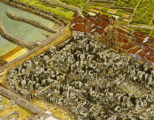 Infografía realizada por José María Barrena con el asesoramiento de Fermín Muñoz, mostrando el aspecto de la ciudad tras ese fatídico 31 de agosto de 1813.
La vista de las fortificaciones no se ciñe a la realidad de la veradera magnitud de destrucción sufrida tras los bombardeos, pero sirve para hacernos una idea del desastre sufrido por San Sebastián.