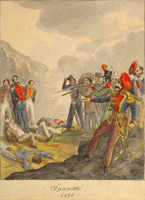 Los fusilamientos eran comunes por ambos bandos.
Grabado en color de los fondos del Museo Zumalakarregui.
