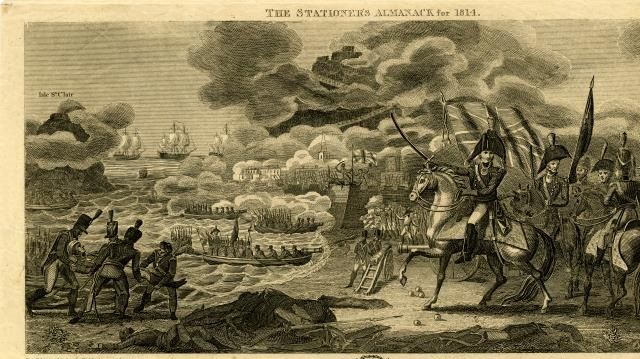 The Union Flag hoist on the ramparts of San Sebastian, British cavalry advancing from right and infantry being rowed ashore from frigates offshore to left; illustration to the Stationers' Almanack for 1814. 