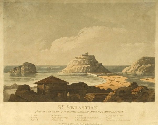 Anónimo.

St. Sebastian, from the Convent of St. Bartholomew, ca. 1813.

Drawn by an Officer on the Spot // 1. Castle // 2. Town // 3. Breach // 4. Trenches // 5. Breaching Battery // 6. Santa Clara // 7. Battery // 8. Surveillante  Capn Sr G. Collier // 9. Middle battery // 10. Napoleon battery // 11. Mole // 12. Renains of St Bartholomew // London, Publishd. Sp. 27. 1813 by Mejsr. Gribb & Son. 288 Hugh Hollborn.

189 mm x 288 mm. Litografía iluminada.

240 mm x 305 mm.

W. Smith, edit.

Gribb & son, edit.

Nº Inventario: 294 UNTZI MUSEOA