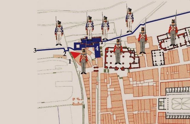 Con el número 1 señalo la casa de Bermingham, al cuidado del testigo nº 21, justo la última vivienda antes de llegar a la puerta de cierre (2) de la subida a la fortaleza de Urgull. Es uno de los puntos más calientes de la “tierra de nadie”, señalada con la línea azul (3). A pesar de esta posición tan  expuesta cuya peligrosidad aumenta aun más con los combates desarrollados en el interior del convento de Santa Teresa (4), que se dilatarán hasta finales del día 2 de septiembre, los soldados aliados se desentendieron del enemigo y se dedicaron a robar y violar como en el resto de la ciudad.