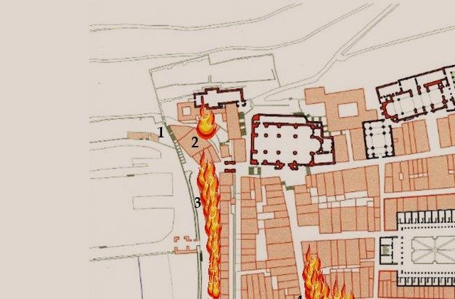 Casa al cuidado del testigo nº 21 (1). Fuego dado por los aliados a la casa de Pio Elizalde al anochecer del día 4 al 5 (2). Línea de casas de la calle Frente al Muelle, totalmente en llamas según el testigo el día 4 de Septiembre (3). También describe que se ven los incendios en la calle Mayor ya algo extendidos (4).