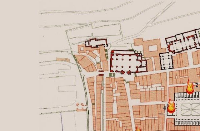 El testigo describe los incendios de la callejuela de Ureta (1), de la casa de la Naypera de Juan de Bilbao (2), de los fuegos alrededor de la calle Mayor (3), del Ayutamiento (4) y finalmente, el día 3 de la Joaquín Yun en la calle Narrica (5).