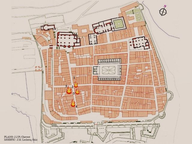 Arritegui nos describe la situación vivida en uno de los puntos “calientes” de la ciudad, la calle Mayor. Ve una mujer asesinada (1), y es testigo del primer incendio en una casa, la de Soto (2), luego la Brunet (3), las de Michelena (4), y finalmente la de Valencegui. Sufre la impotencia por el impedimento de poder apagarlas por parte de los aliados.