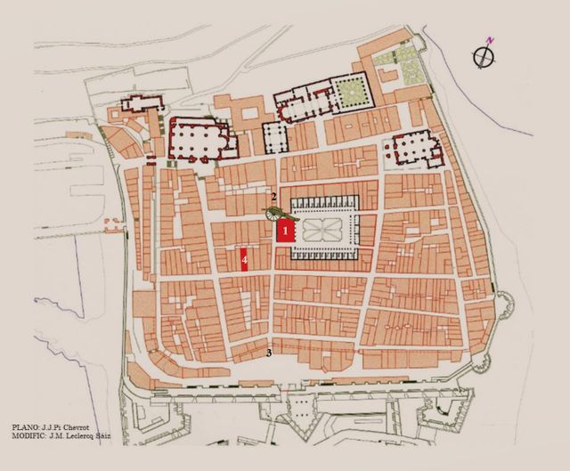 Casa Consistorial donde se encontraba el testigo esperando a recibir a las tropas aliadas. (2) Posición de la pieza artillera francesa que cubría la calle San Gerónimo o Escotilla en la que fueron apresados no menos de tres artilleros. (3) El arco de la calle Escotilla junto a la Plaza Vieja. (4) Casa de D. Miguel Antonio Bengoechea, padre del testigo, en la que sefugió con muchas más personas al existir una guardia armada ordenada por el general a petición de su propietario, Alcalde primero de la ciudad.