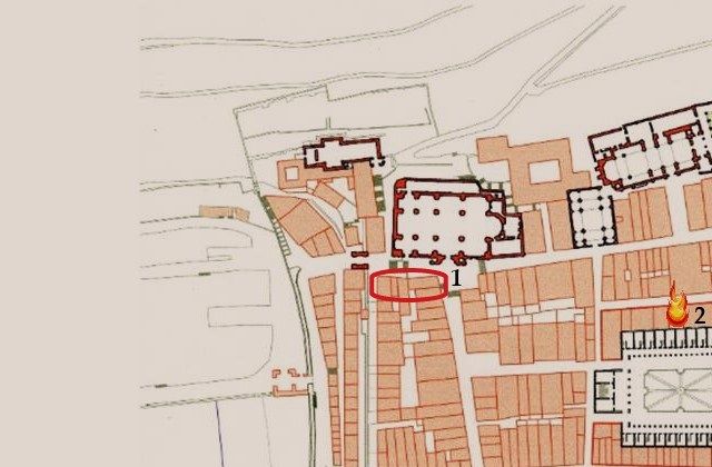 No conocemos la casa exacta del testigo, pero señalo su posición aproximada dentro del círculo rojo. El número 1 señala el atrio de Santa María, lugar donde se produjo una tenaz resistencia de cerca de 15 minutos por parte francesa, para dar tiempo a que se retiraran las tropas que defendían las posiciones avanzadas del frente de tierra, hacia la fortaleza de Urgull. Menciona varios fuegos dados por los aliados, coincidiendo con varios testigos en el de la casa nº 6 de la Plaza Nueva, que se originó en su parte trasera perteneciente a la calle Juan de Bilbao.