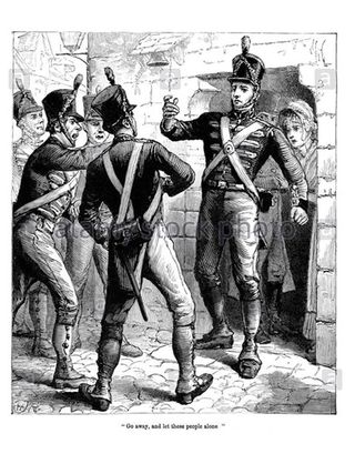 Dibujo de la época victoriana sobre el saqueo de la ciudad, mostrando a uno de los soldados aliados salvando a las donostiarras de la furia de sus compañeros.